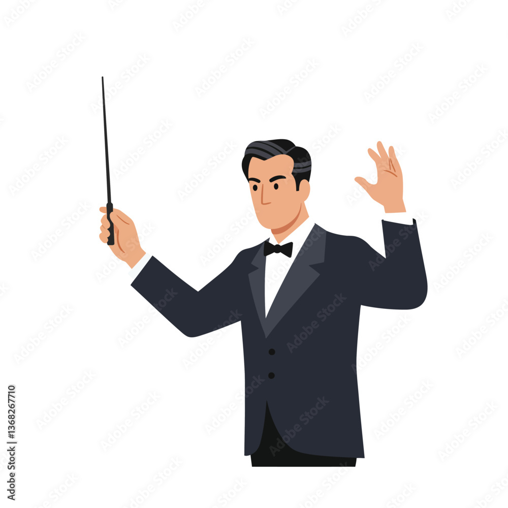 Conductor leading an orchestra in a flat, minimal, and elegant vector art Conductor leading an orchestra in a flat, minimal, and elegant vector art
