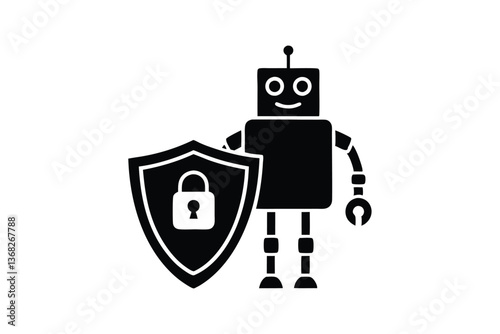 Silhouette vector art illustration of an AI-powered security bot holding a shield with a keyhole.eps