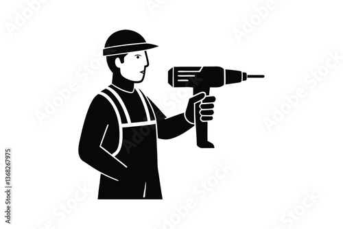 Silhouette vector art illustration of an electrician holding a drill machine.eps