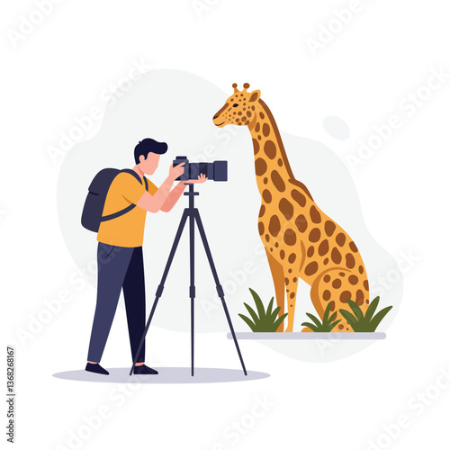 Photographer capturing a giraffe in a minimal and colorful vector illustration