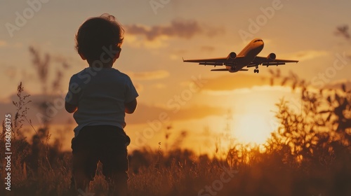 Child gazing at airplane during sunset in open field, capturing the wonder of travel and exploration