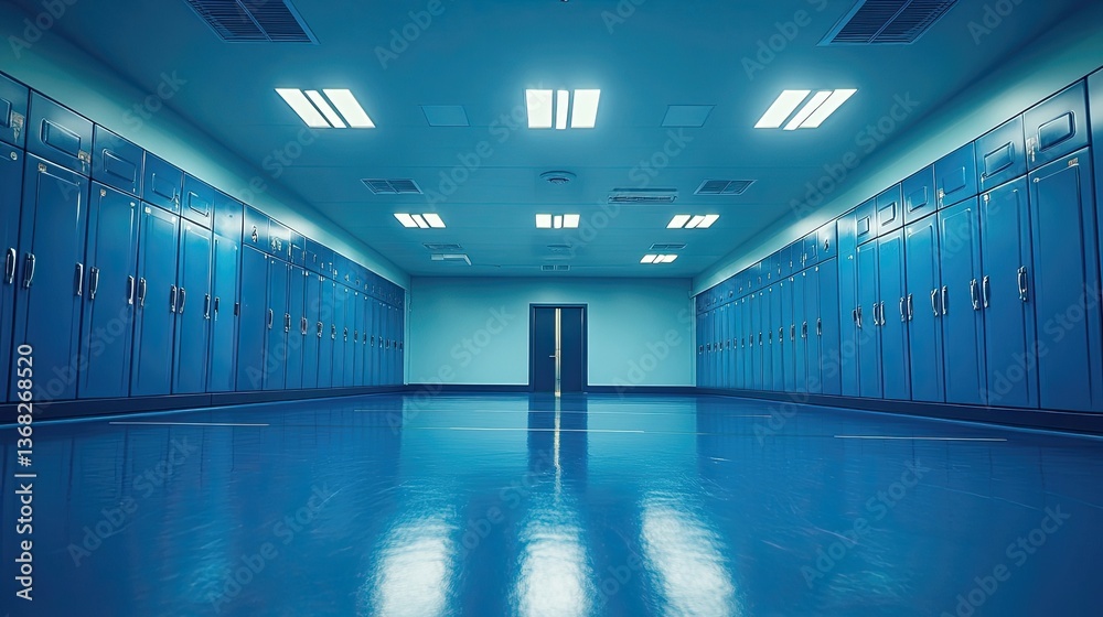 Fototapeta premium Sports equipment is neatly arranged in a vacant, blue locker room, with a low-angle view highlighting the space