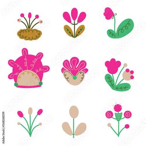 Set featuring whimsical abstract elements and floral motifs. 
