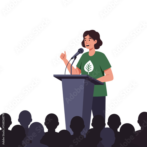Speaker delivering an inspiring speech to an engaged audience in flat vector art