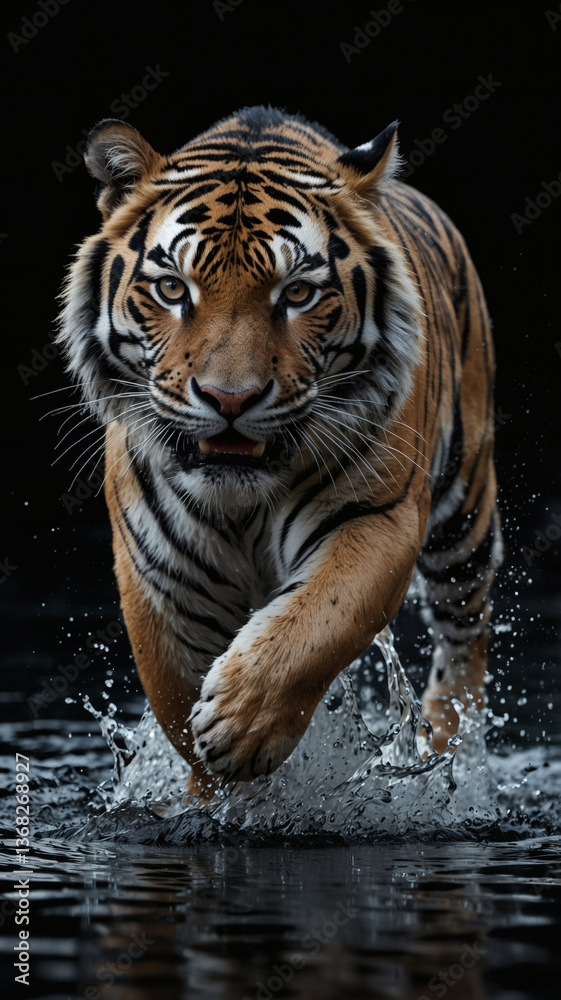 Naklejka premium Majestic Tiger Running Through Water