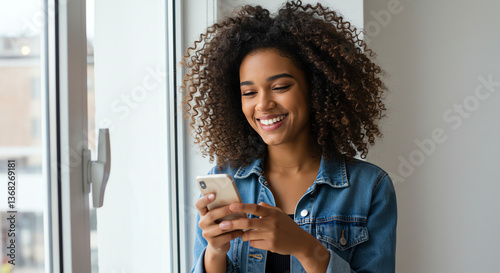 Wallpaper Mural Happy Woman Using Smartphone by Window in Bright Room Torontodigital.ca