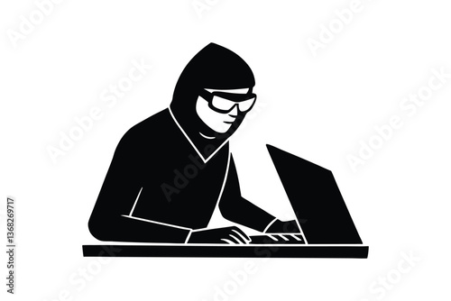 Silhouette vector art illustration of a hacker wearing sunglasses and typing rapidly on a keyboard.eps