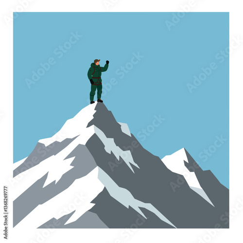 Mountain climber celebrating victory on peak in flat vector illustration