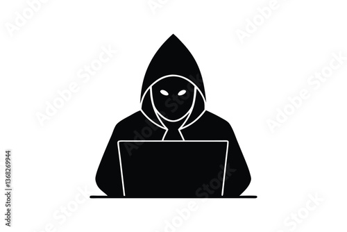Silhouette vector art illustration of a hooded hacker sitting at a laptop with a mysterious expression.eps