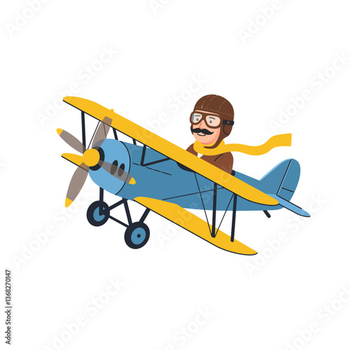 Airplane pilot flying in a colorful biplane flat vector art