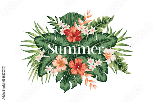 Tropical hibiscus flower, palm leaves floral illustration. Exotic summer slogan print.	