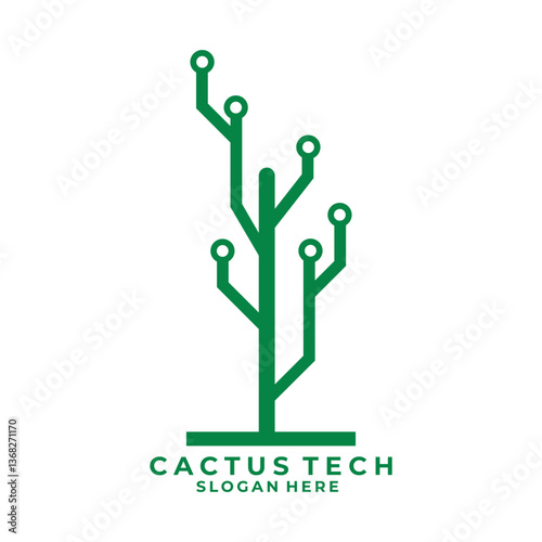 Tree Tech cactus plant line art logo design vector template