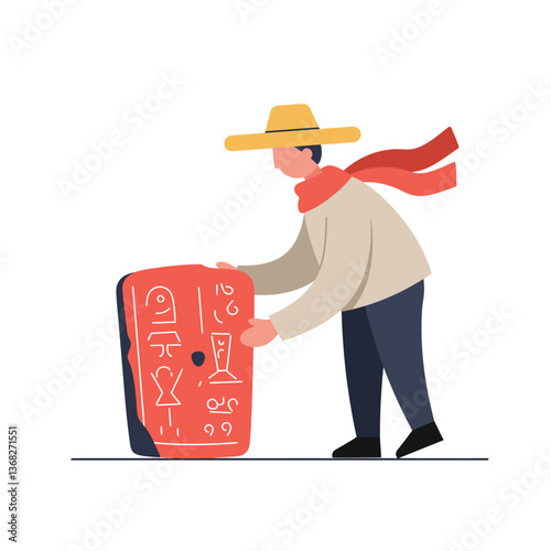 Man in hat examining ancient stone tablet in minimal vector art