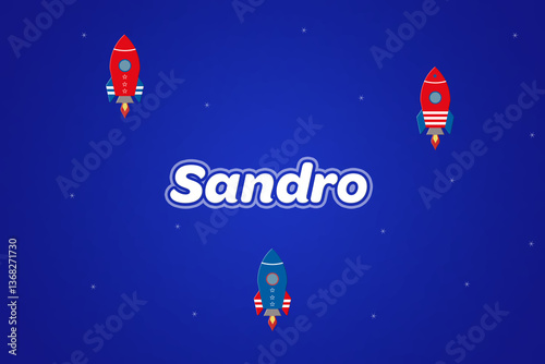 Schilderij op canvas Sandro male boy name illustration in blue with rockets.