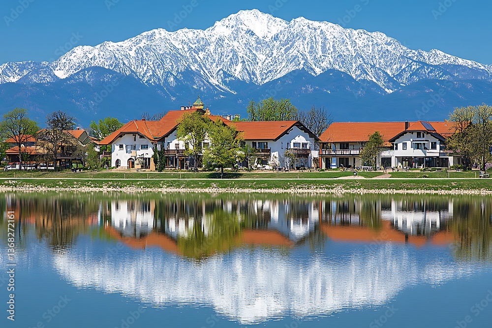 Naklejka premium Alpine town reflecting on lake