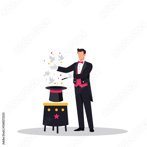 Magician performing a dazzling trick with doves in flat vector art