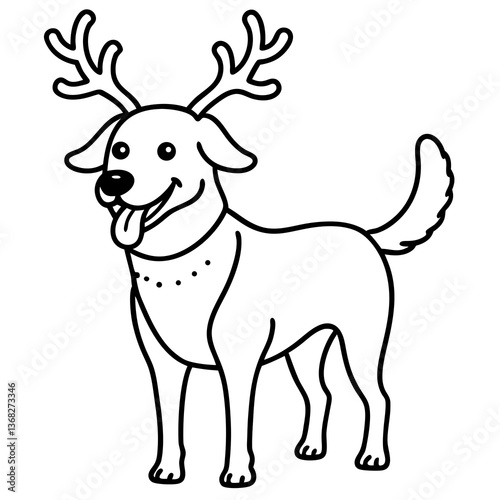 A Joyful Dog wearing reindeer antler line art vector illustration