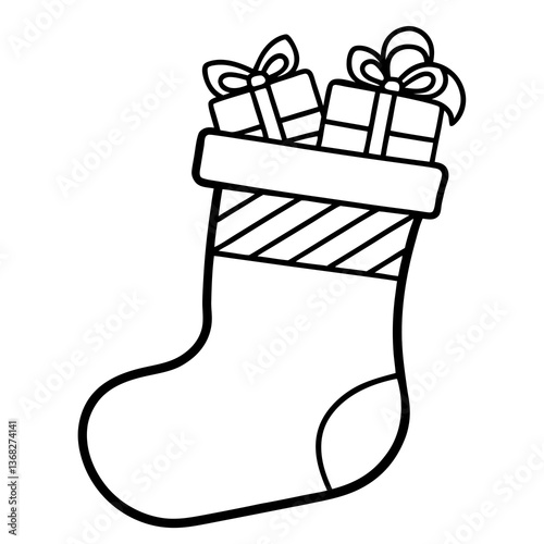 Christmas stocking filled with gift line art vector illustration