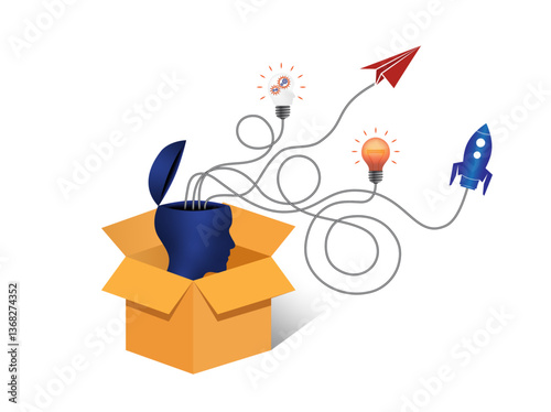 3d open mind businessman head with paper origami airplane, rocket, lighbulb, cardboard box vector. Business infographics design to use for brainstorming, leadership, career, self motivation projects. 