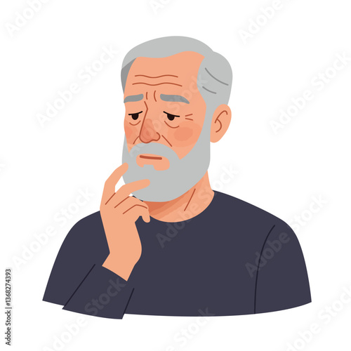 Thoughtful elderly man with gray beard in minimal flat vector art