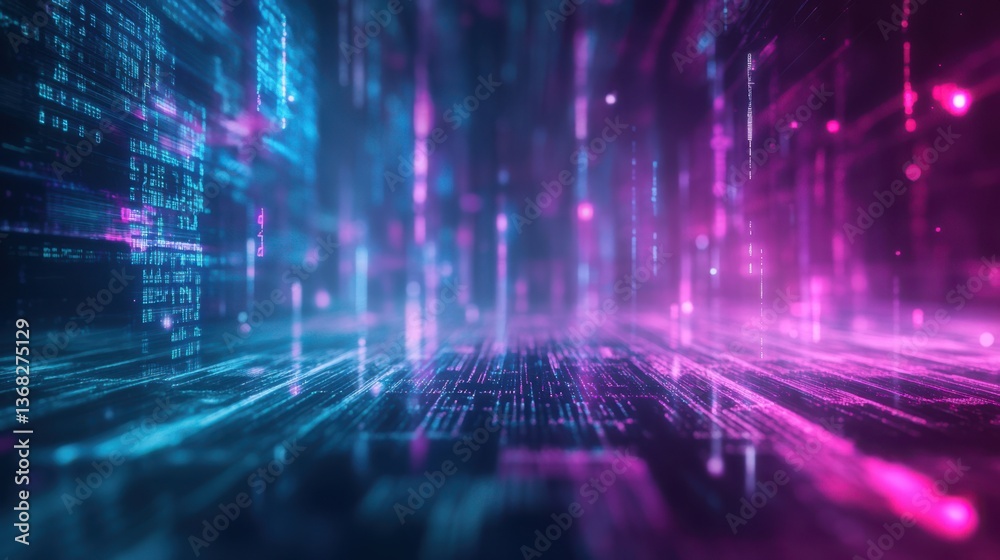 A high-tech holographic background with transparent layers of programming code floating in a digital space. The glowing cyan and purple tones enhance the futuristic, AI-inspired aesthetic