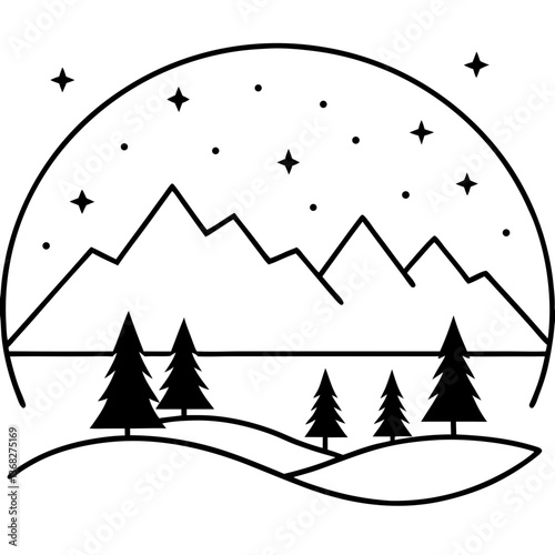 Northern light over a winter landscape line art vector illustration 