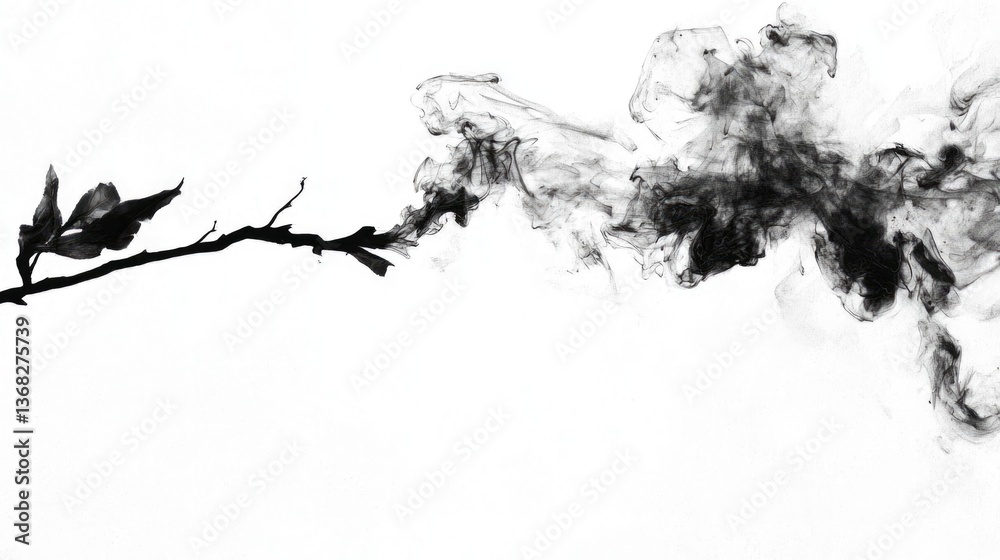 Fototapeta premium Nature's whispers elegant smoke patterns from branches in minimalist style black and white serene environment