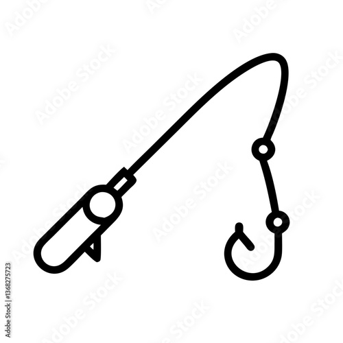 Fishing rod and hook icon in simple black outline
