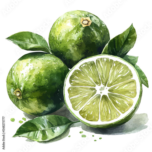 A watercolor of a lime, isolated on a white background. Lime vector.

