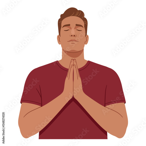 Man with closed eyes and hands together in prayer flat vector art