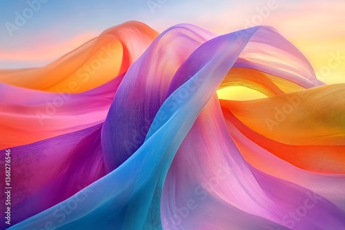 Colorful ribbons twist and twirl through the air, creating a rhythmic dance against a backdrop of a vibrant sunset