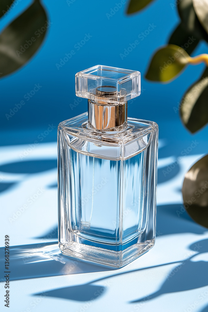 Elegant Bottle of Perfume Showcased on Tranquil Blue Water With Floral Accents Highlighting Its Exquisite Allure and Charm Elegant Bottle of Perfume Showcased on Tranquil Blue Water With Floral Accents Highlighting Its Exquisite Allure and Charm