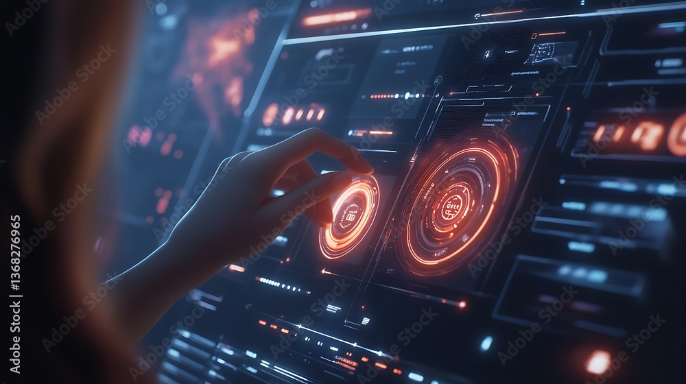 Hand interacting with futuristic interface. Hand interacting with futuristic interface.
