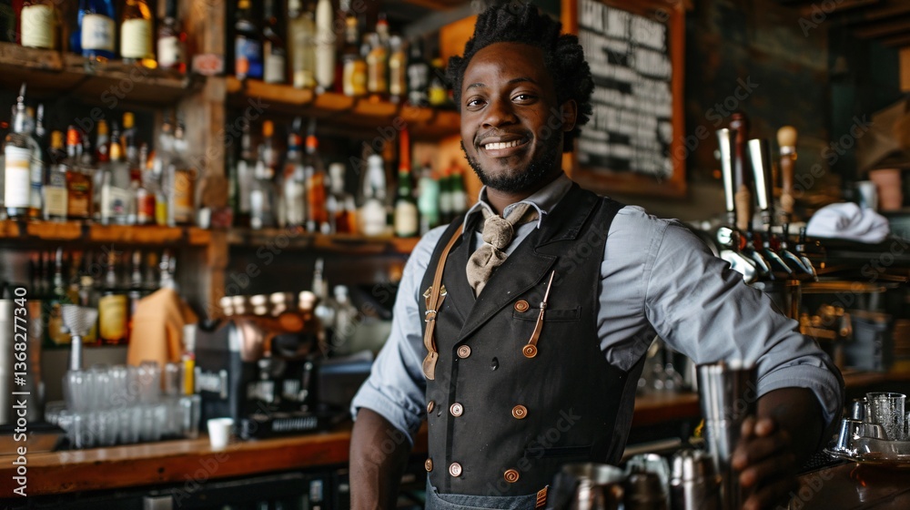 Bartender happily posing with a cocktail shaker in a bustling bar Bartender happily posing with a cocktail shaker in a bustling bar