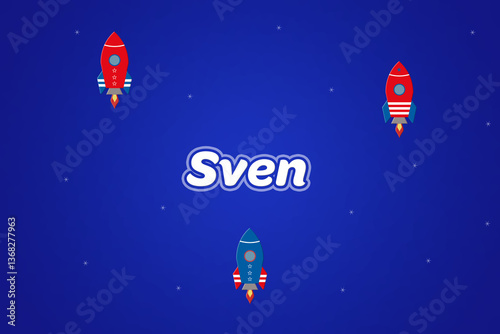 Принти на полотні Sven male boy name illustration in blue with rockets.