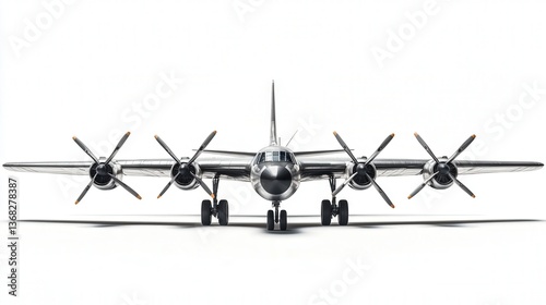 Front view of a vintage four-engine propeller airplane on a white background.