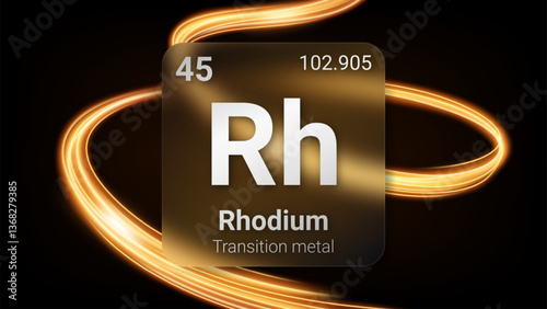Rhodium (Rh) (045) Transition Metal, Glass Morphism Element Futuristic Neon Light Glow Background Periodic Table, Chemical Symbol, Name, Atomic Mass, Atomic Number, Vector Illustration