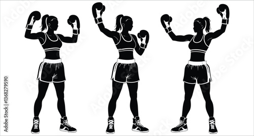 Set of female boxer silhouettes in fighting poses. Female boxer silhouettes in different boxing poses vector. Women boxing silhouettes in various fighting stances vector art
