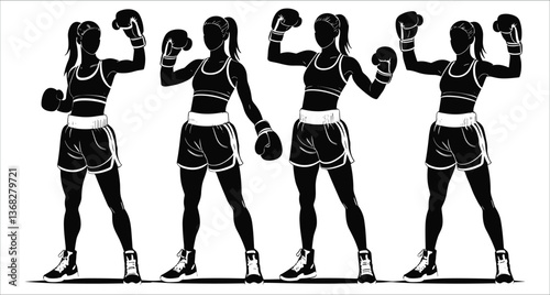 Set of female fighters in boxing stance silhouettes vector art. Female boxer silhouettes in different action poses vector. Black silhouettes of female boxers in various boxing positions