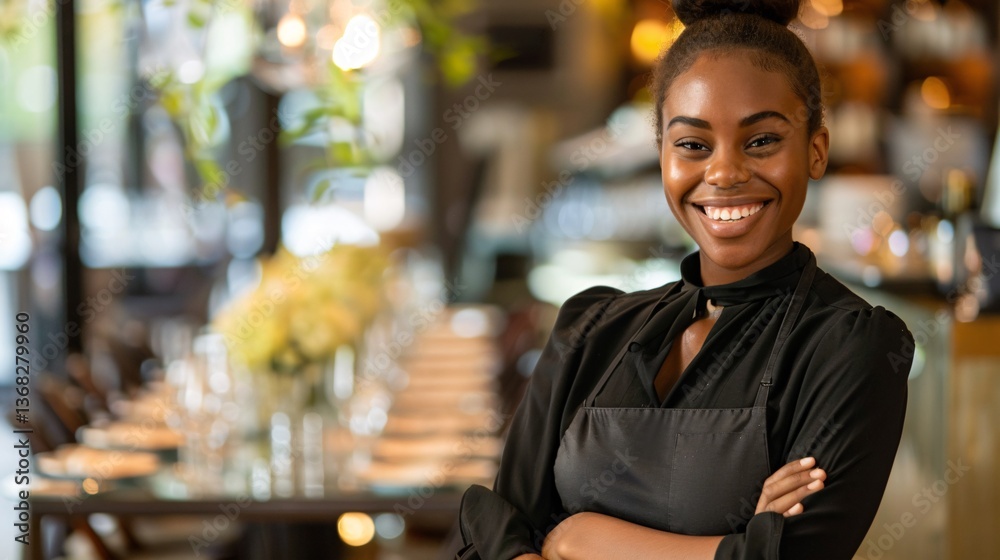 Fototapeta premium Young waitress is seen happily smiling with her arms crossed while working in a restaurant