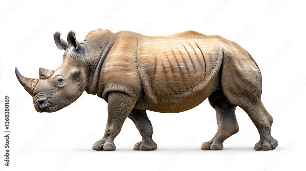 Majestic rhinoceros standing proudly on a white background showcasing its powerful horn. Majestic rhinoceros standing proudly on a white background showcasing its powerful horn.