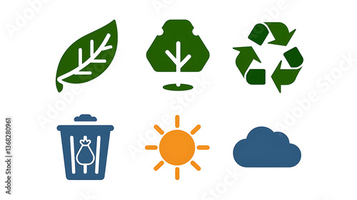 Eco-friendly icons: leaf tree recycle bin sun cloud