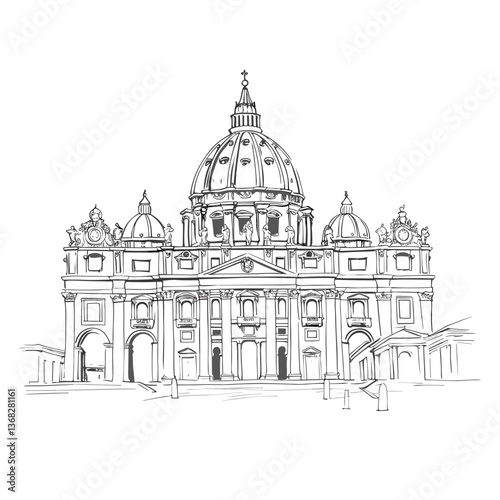 Basilica of Saint Peter hand-drawn comic illustration. Saint Peter's Basilica. Vector doodle style cartoon illustration