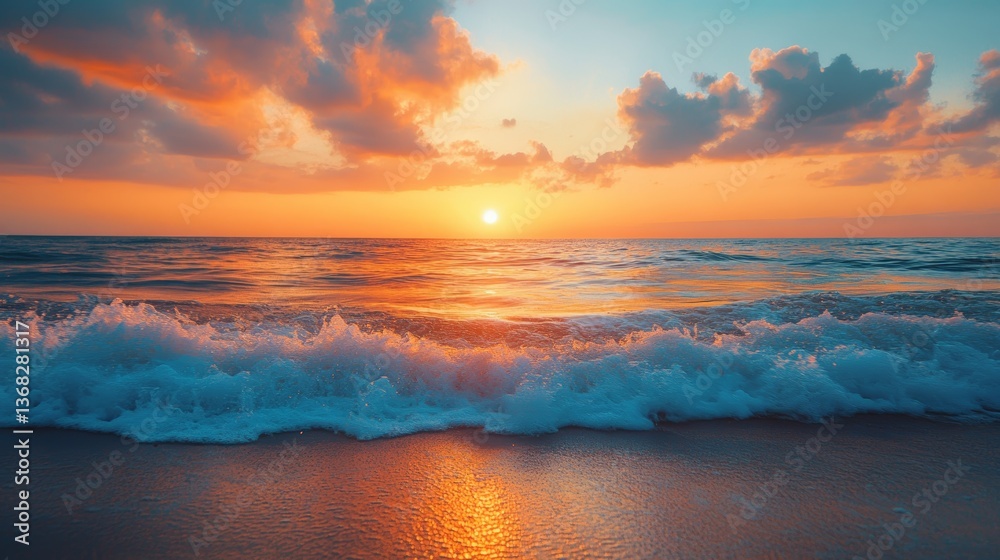 Obraz premium Ocean Sunset Serenity: Waves, Beach, and Golden Sky
