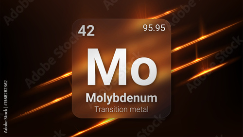 Molybdenum (Mo) (042) Transition Metal, Glass Morphism Element Futuristic Neon Light Glow Background Periodic Table, Chemical Symbol, Name, Atomic Mass, Atomic Number, Vector Illustration
