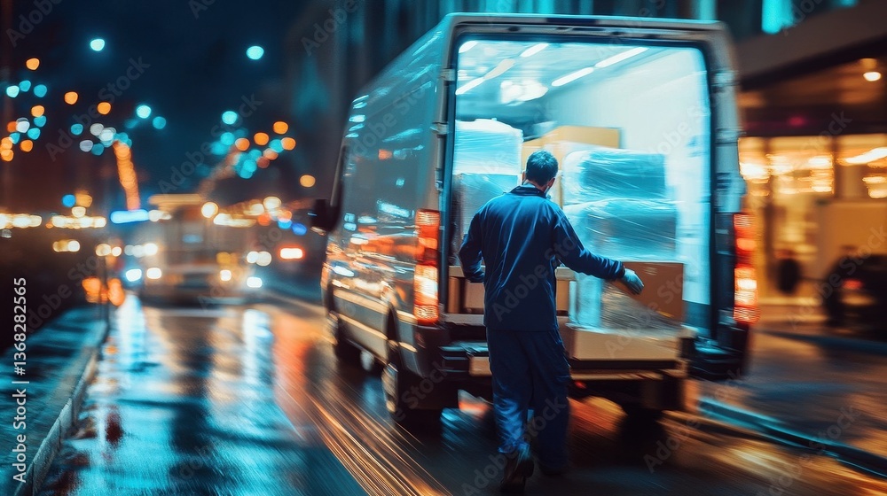 Fototapeta premium A delivery person loading packages into a cargo van at night