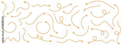 Hand drawn curved, doodle, and zigzag dotted arrow collection. Simple directional lines in orange color. Hand drawn arrows icons vector design. Swirls arrows doodle lines icon set