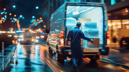 A delivery person loading packages into a cargo van at night