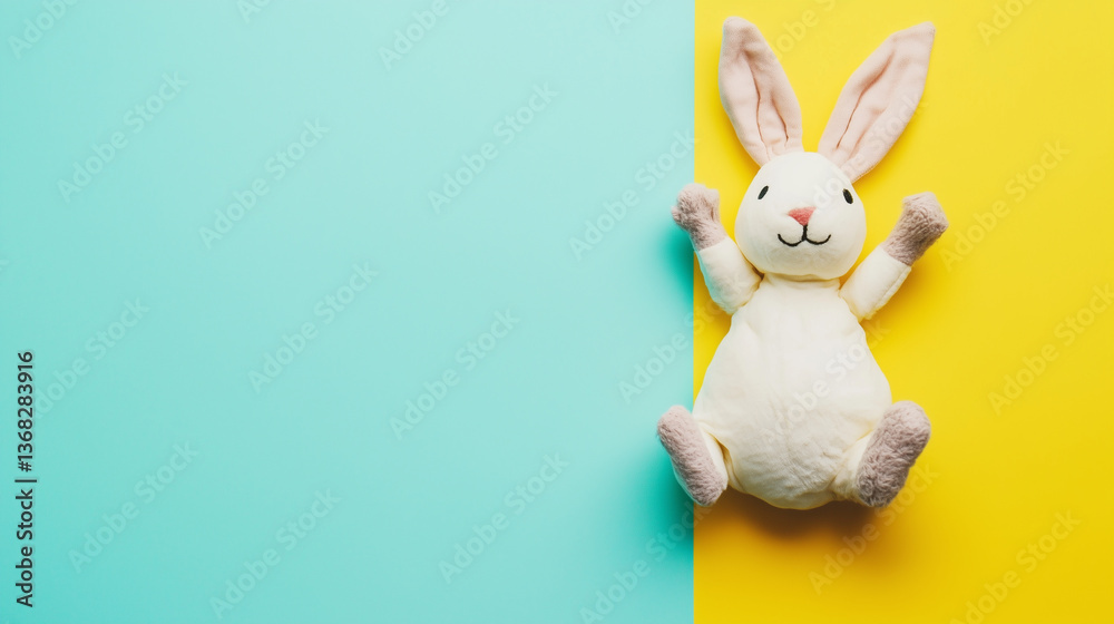 Obraz premium Soft bunny plush toy on split pastel background for children’s product packaging, toy store advertisements, and Easter-themed marketing