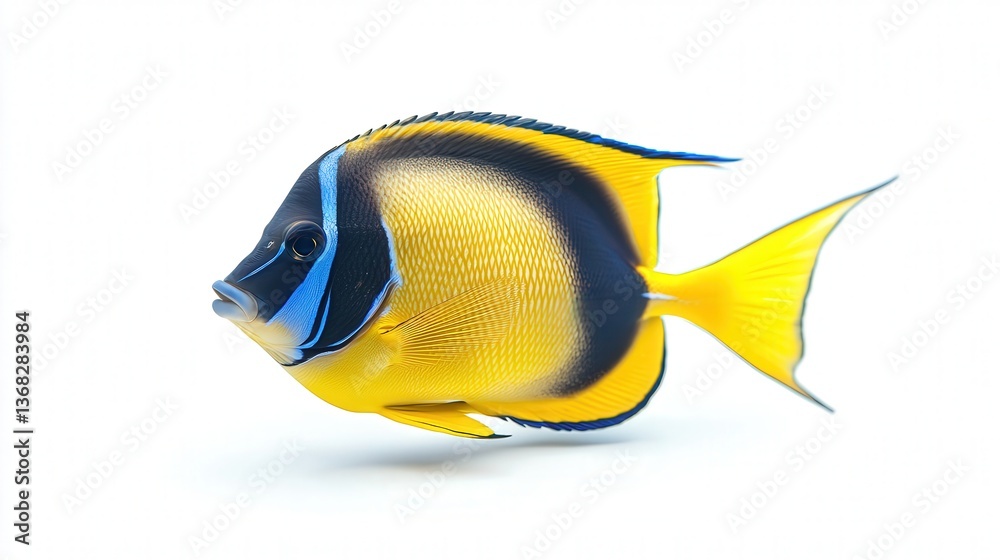 Naklejka premium Vibrant yellow and blue tropical fish against a plain white background.